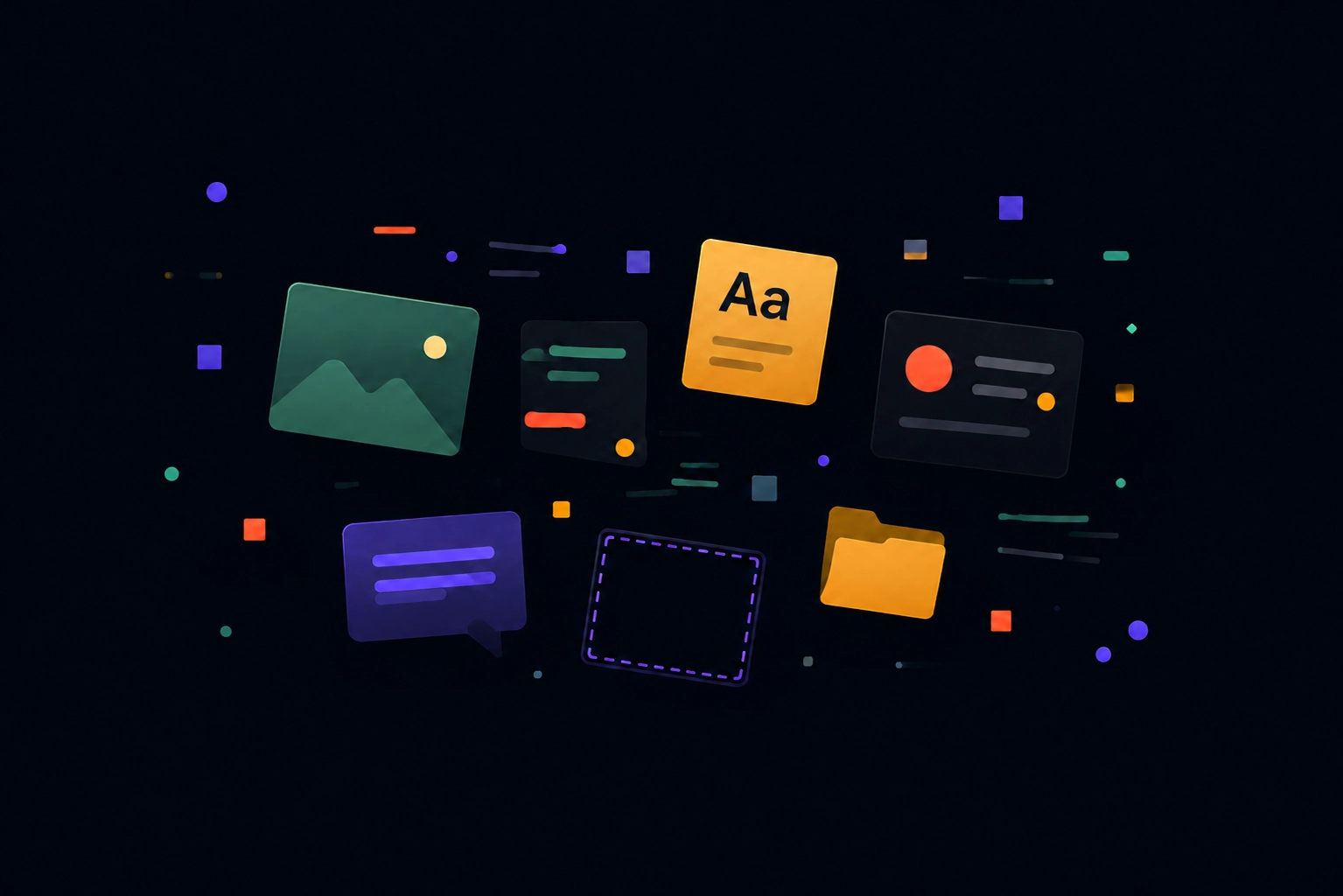 Design entropy: scattered UI fragments converging into an ordered dashboard